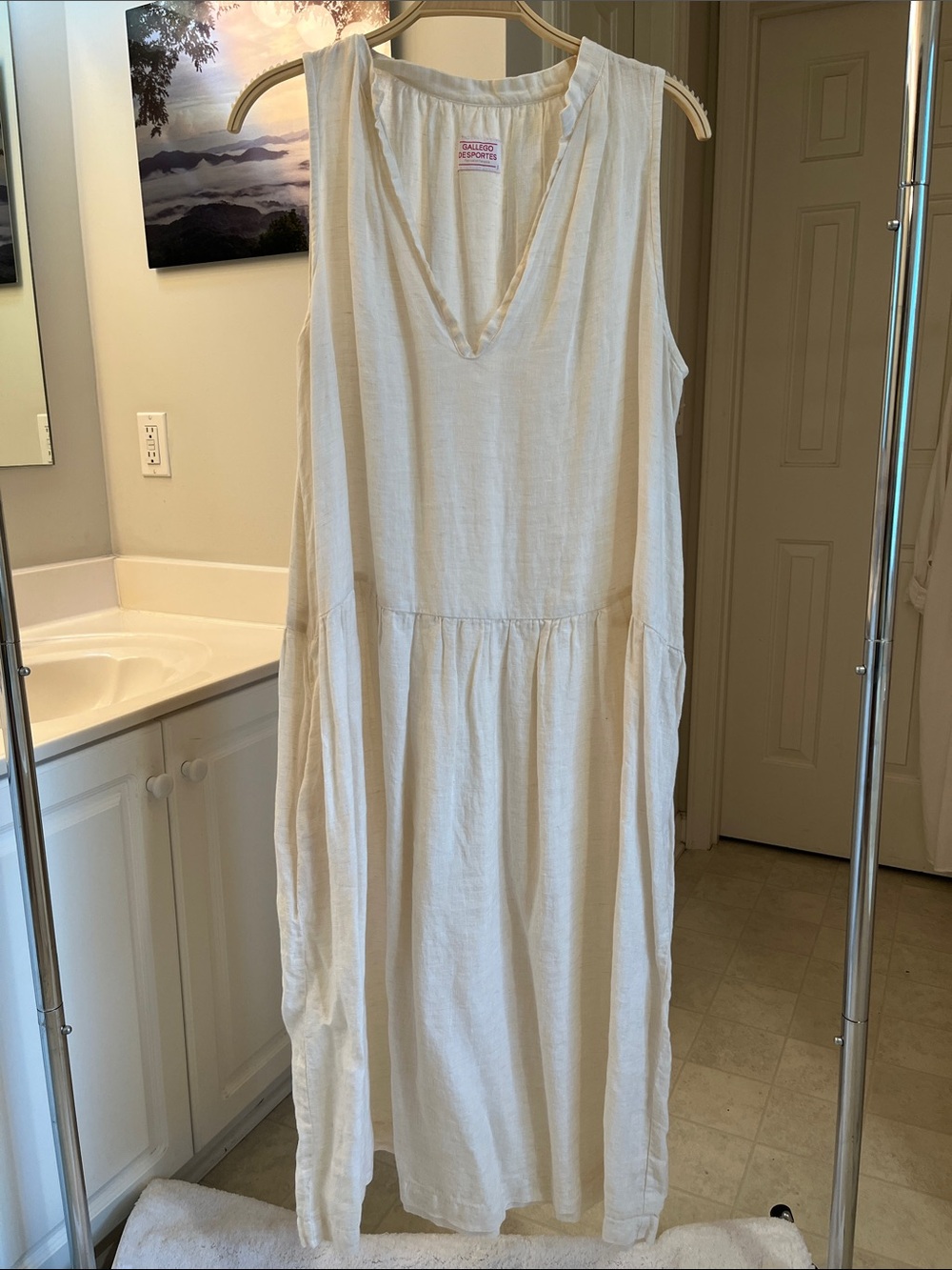 Natural Cream V-Neck Linen Midi Dress